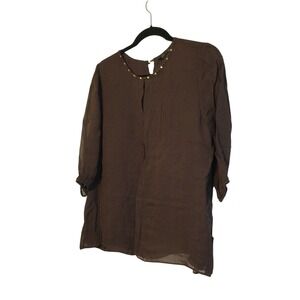 Railin Beaded Neckline Blouse Sheer Brown 3/4 Sleeve Top size L